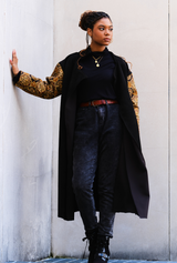 Unisex Handcrafted Black Faux Suede Trench Coat with Floral Rings - Monteh