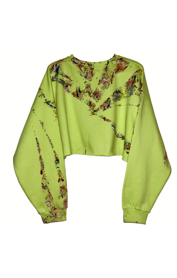 Women's MultiColored Paint Lime Green Oversized Crop Sweater - Monteh