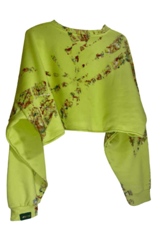 Unisex Spiral Paint Lime Green Oversized Crop Sweater - Monteh